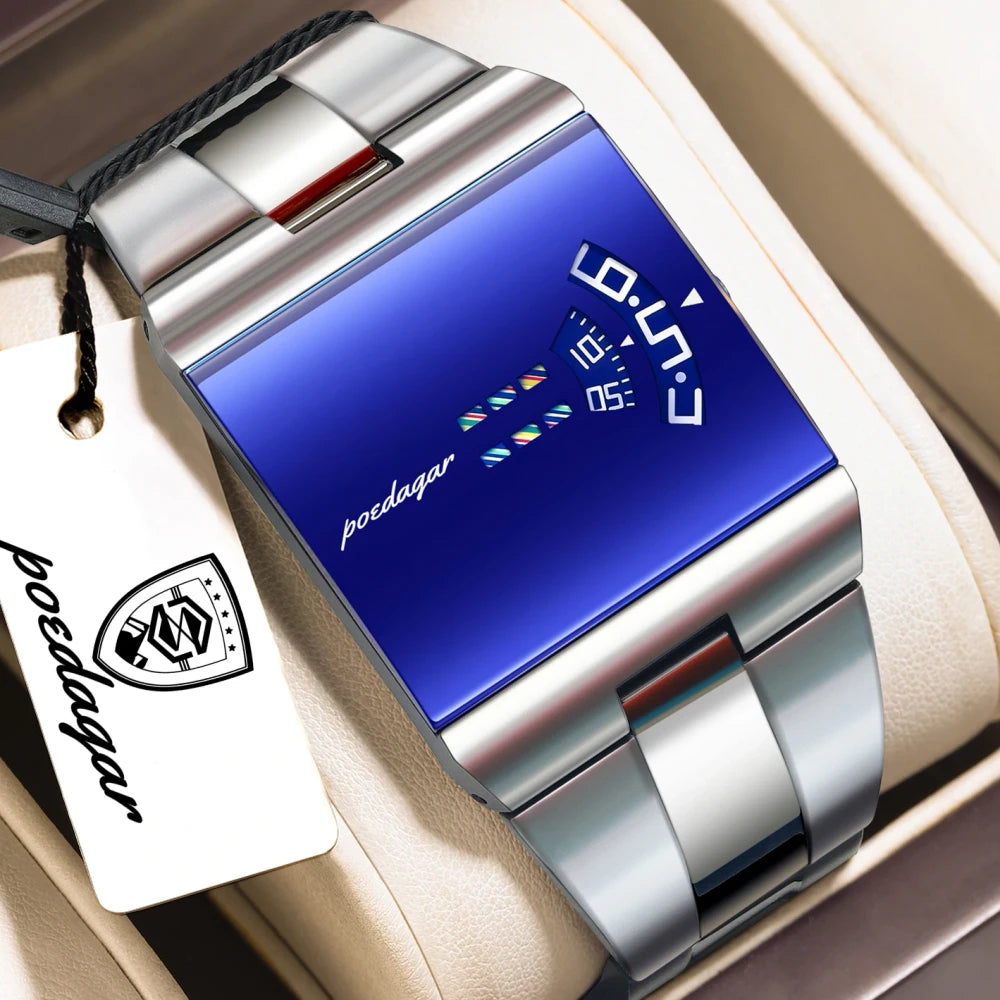 POEDAGAR Rectangle Stainless Steel Watch